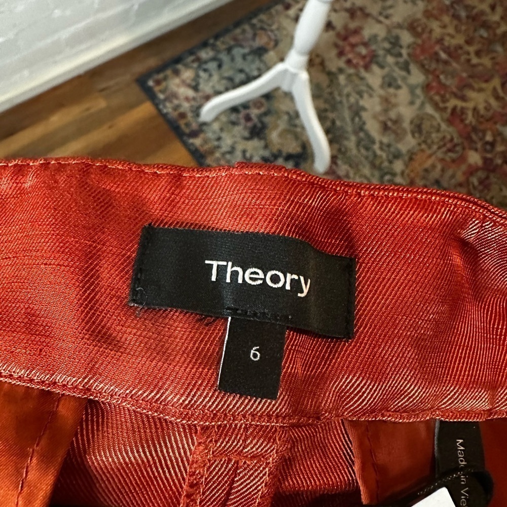 Theory High Waist Linen Blend Pleated Burnt Orange Shorts - Picture 10 of 12